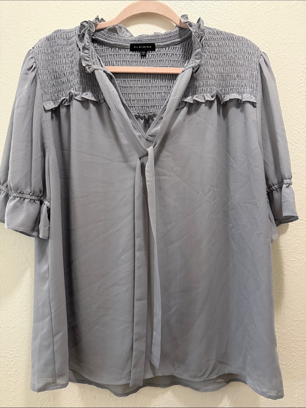 Pleione Light Gray Smocked Yoke Tie-Front Blouse
